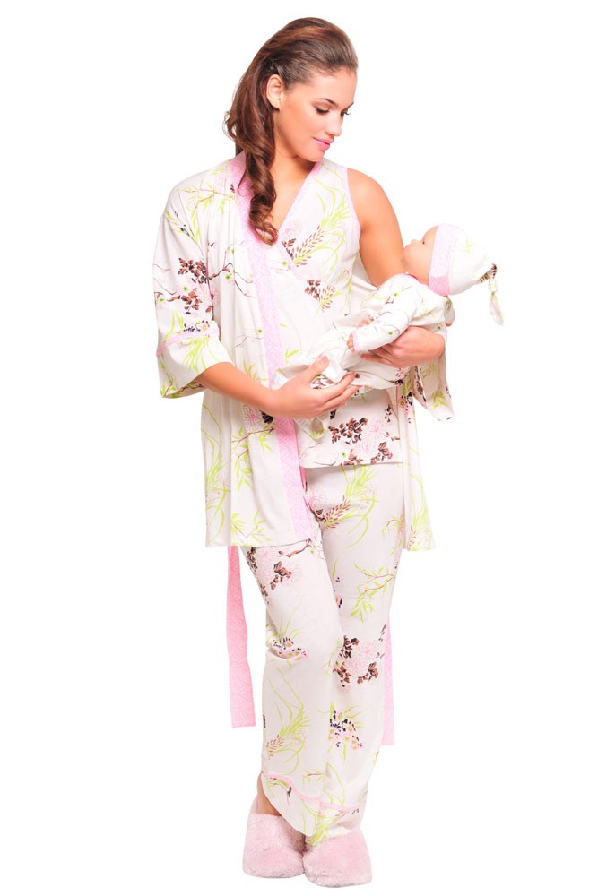 Olian Rose 5-Piece Nursing PJ Set with Baby Outfit (Pink Floral Asian Print)