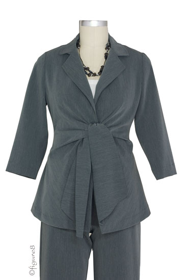 Audrey 3/4 Sleeve Front Tie Jacket, Skirt & Slim Pant - 3-pc Suit Set (Charcoal)