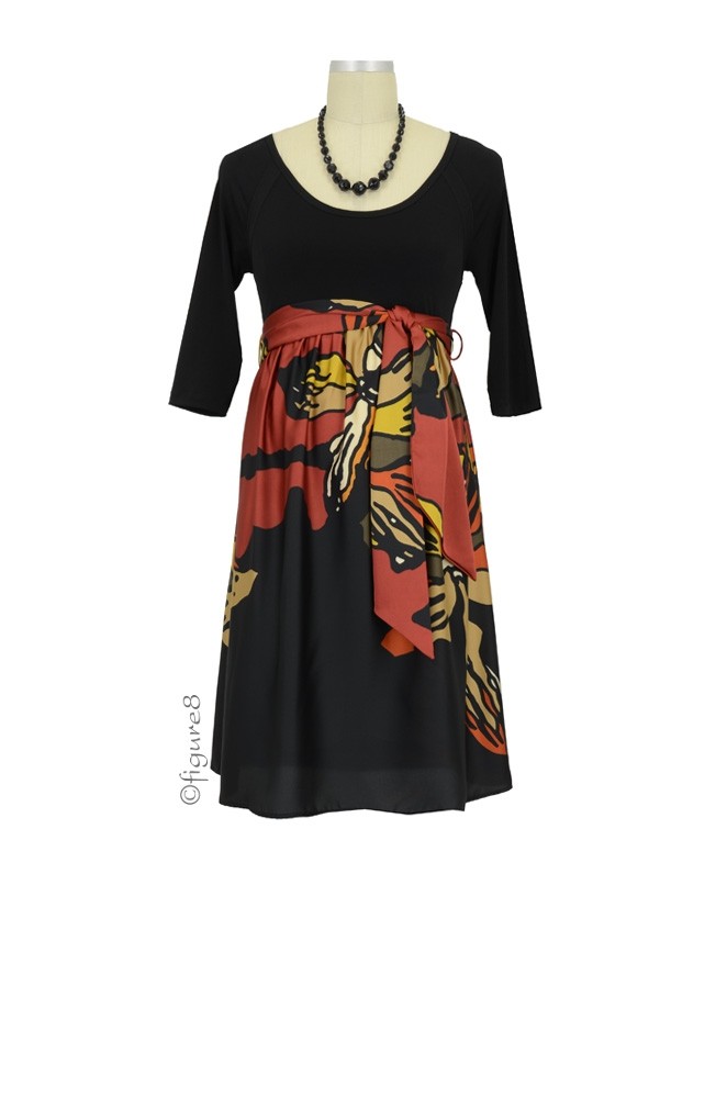 MA Scoop Neck Front Tie Maternity Dress (Black & Orange Orchid Print)