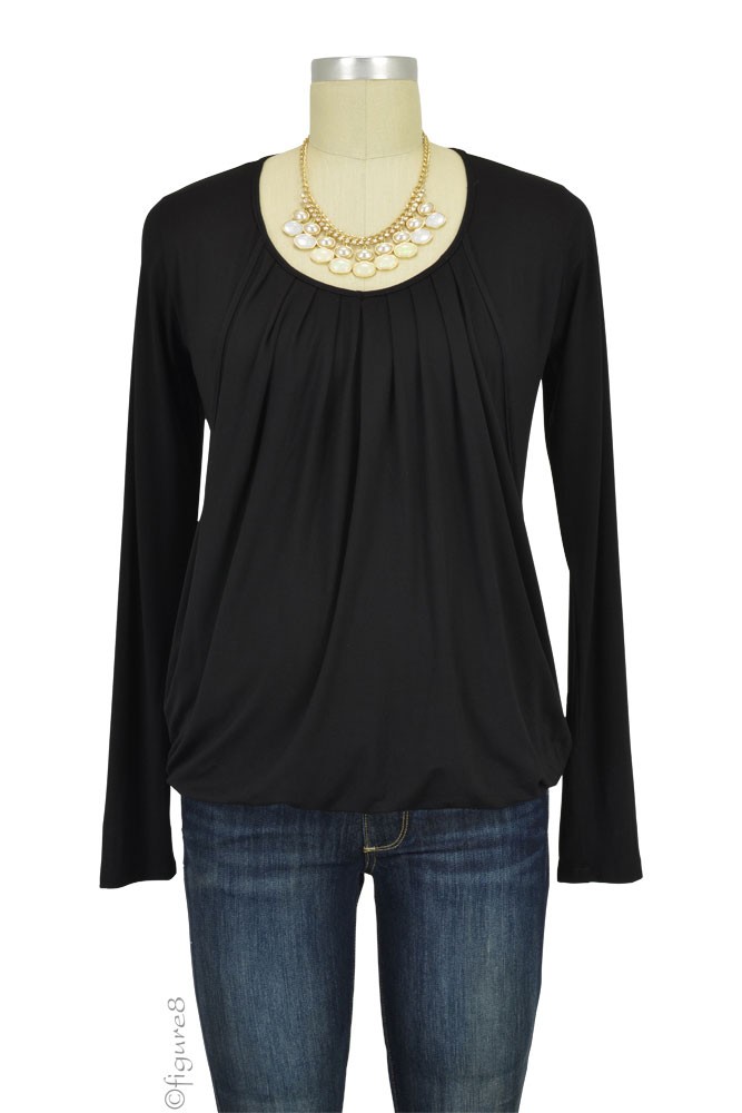 Slouchy Pleated Long Sleeve Nursing Top (Black)