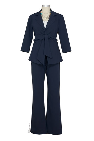 Audrey 3/4 Sleeve Front Tie Jacket, Skirt & Relaxed Pant - 3-pc Suit Set (Navy)