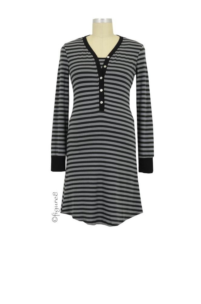 Stripes Long Sleeve Nursing Nightdress (Black Stripes)