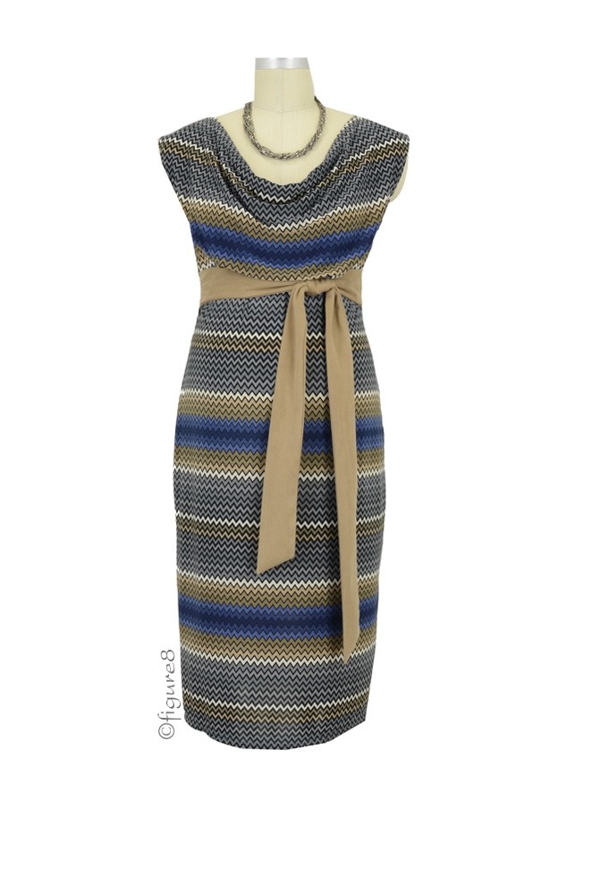 Evelyn Maternity Dress with Suede Sash (Blue Mix with Mink Sash)