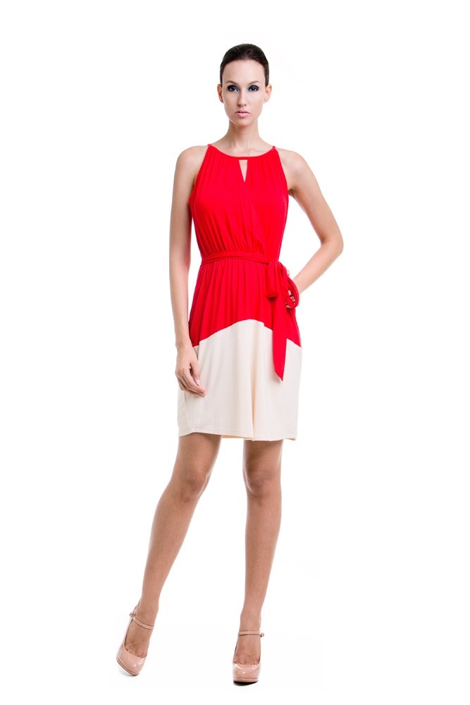Ariel Elastic Waist Nursing Dress (Red & Beige)