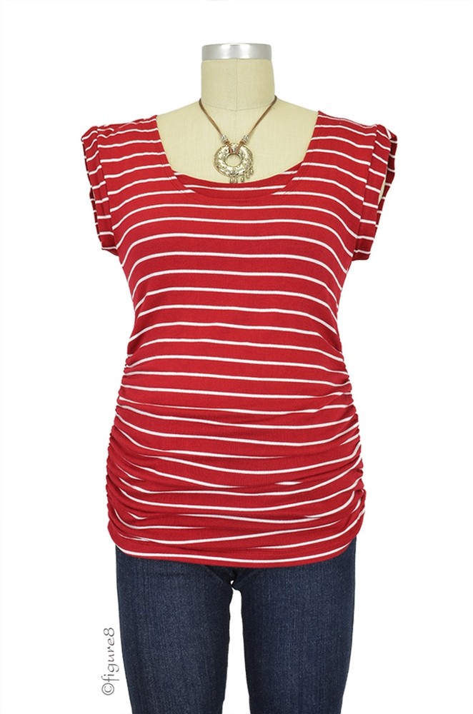 D&A Striped Side Ruched Nursing Top w/Tie Back (Red and White Stripe)