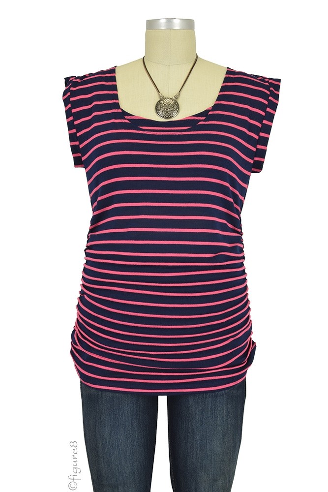 Striped Side Ruched Nursing Top w/Tie Back (Navy & Coral Stripes)