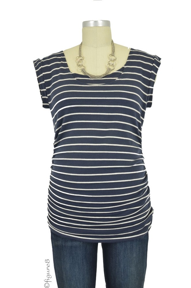 Striped Side Ruched Nursing Top w/Tie Back (Navy and White Stripes)