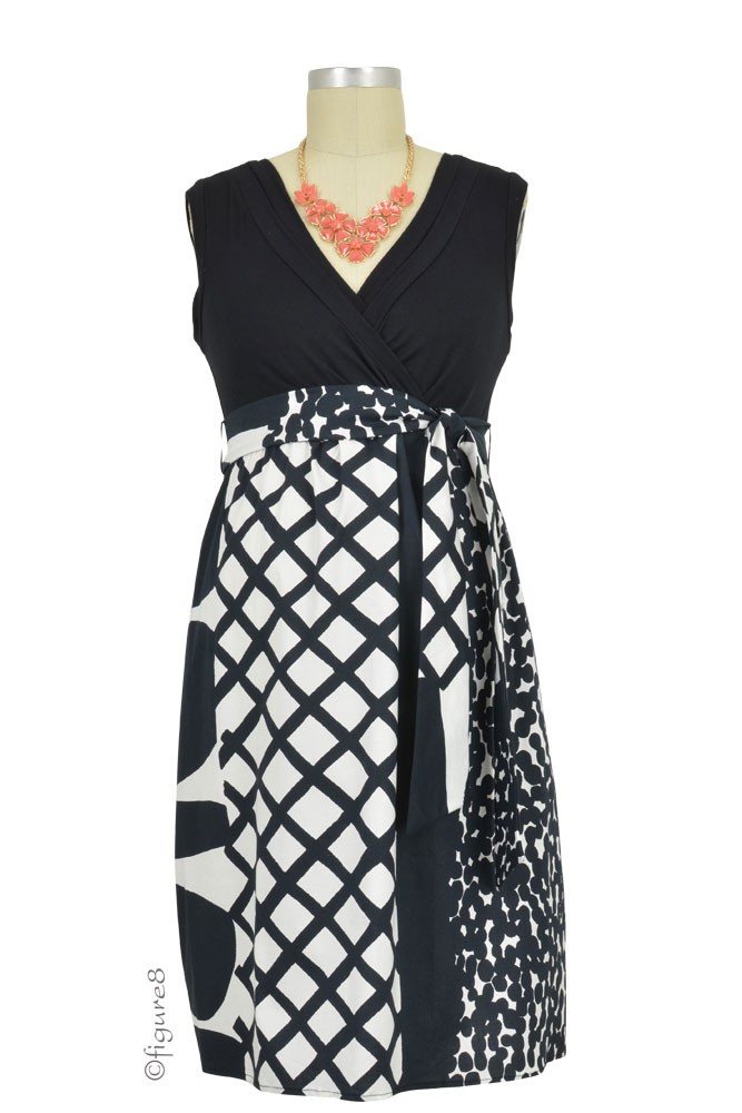 Amanda Surplice Cotton Maternity & Nursing Dress (Black & White Print)