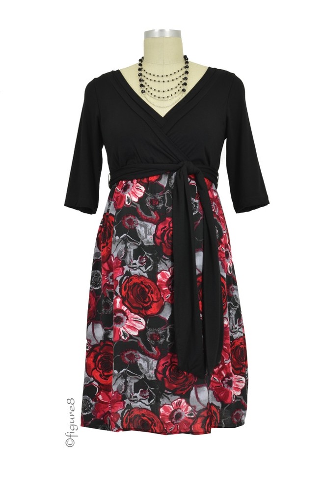 Cora D&A Surplice Bodice Nursing Dress (Black and Red Floral Print)