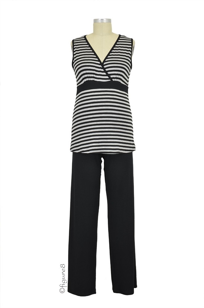 Baju Mama Jane Modal Sleeveless Nursing PJ Set (Heather Grey/Black Stripe) Baju Mama Jane Modal Sleeveless Nursing PJ Set (Heather Grey/Black Stripe)