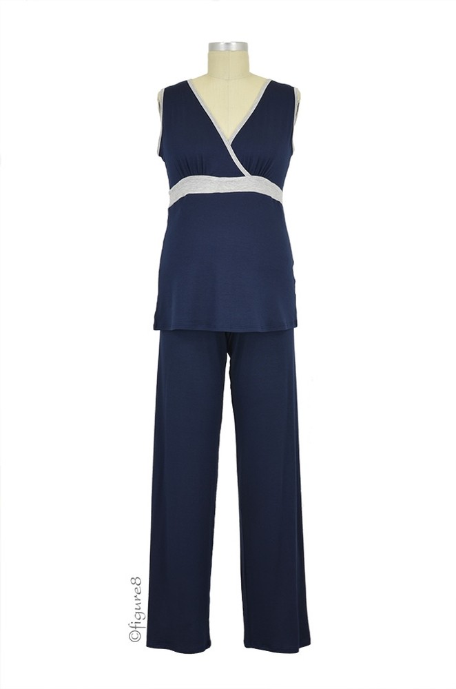 Baju Mama Jane Modal Sleeveless Nursing PJ Set (Navy/Heather Grey) Baju Mama Jane Modal Sleeveless Nursing PJ Set (Navy/Heather Grey)