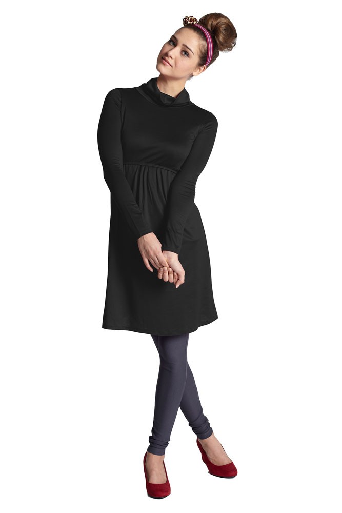 Jackie Turtle-Neck Organic Long Sleeve Nursing Dress (Black)