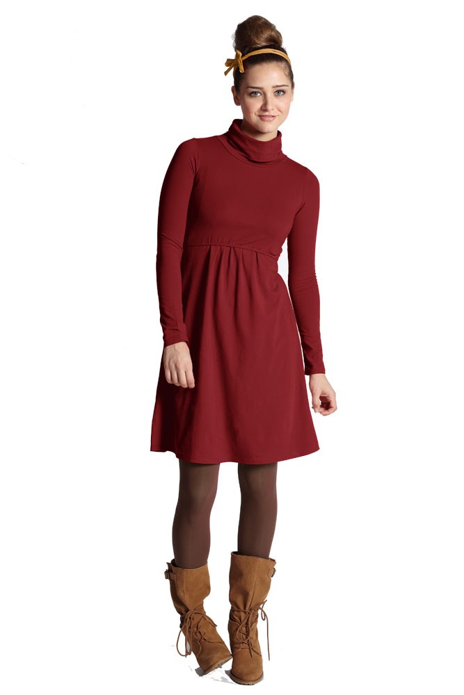 Jackie Turtle-Neck Organic Long Sleeve Nursing Dress (Dark Red)