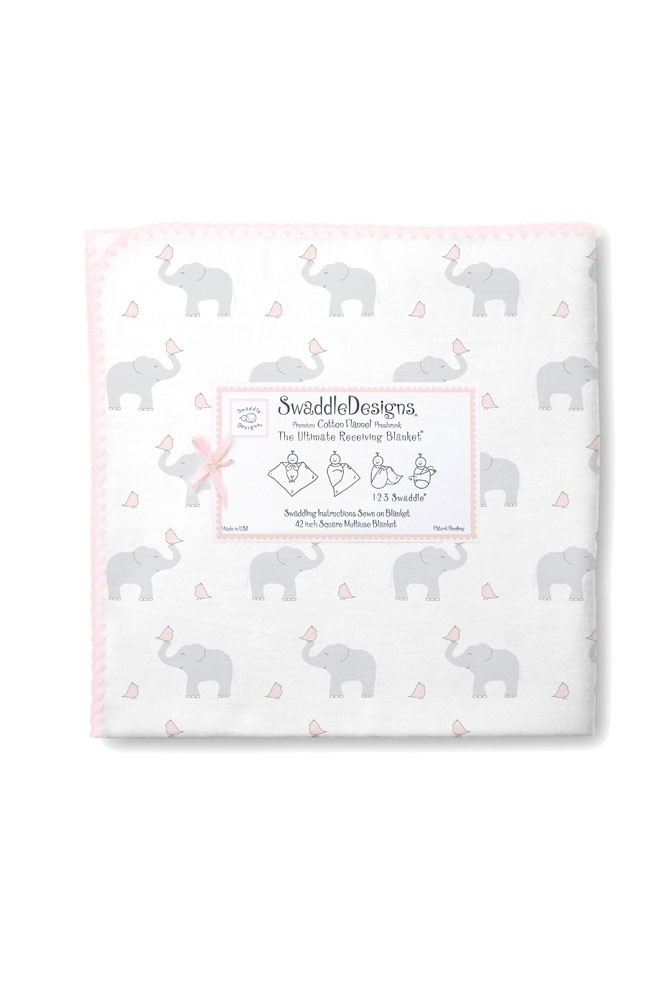 Swaddle Designs Ultimate Receiving Blanket - Elephants & Chickies (Blushing Rose)