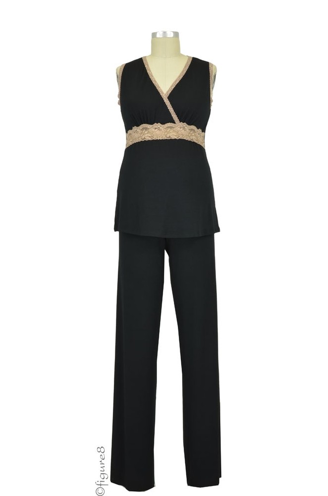 Baju Mama Emma Modal-Lace Sleeveless Nursing PJ Set (Black/Cream Lace)