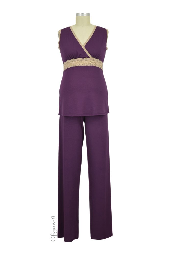 Baju Mama Emma Modal-Lace Sleeveless Nursing PJ Set (Eggplant/Cream Lace)