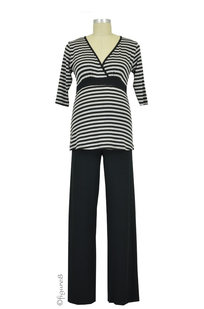 Baju Mama Jane 3/4 Sleeve Nursing PJ Set (Heather Grey/Black Stripe)