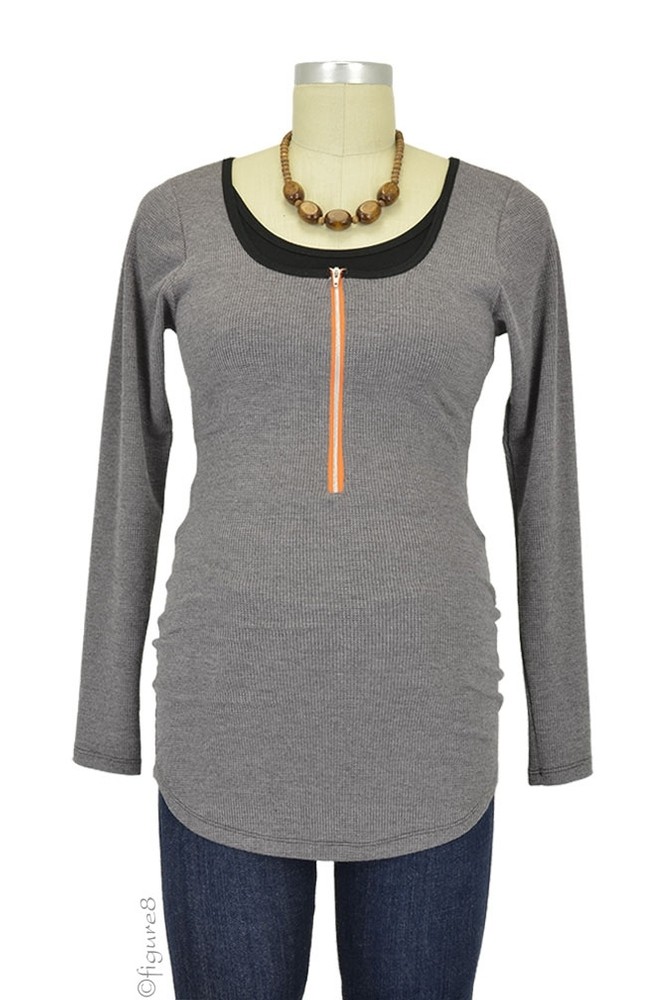 Molly Ades Long Sleeve Zippered Nursing Top (Charcoal Waffle Knit) Molly Ades Long Sleeve Zippered Nursing Top (Charcoal Waffle Knit)