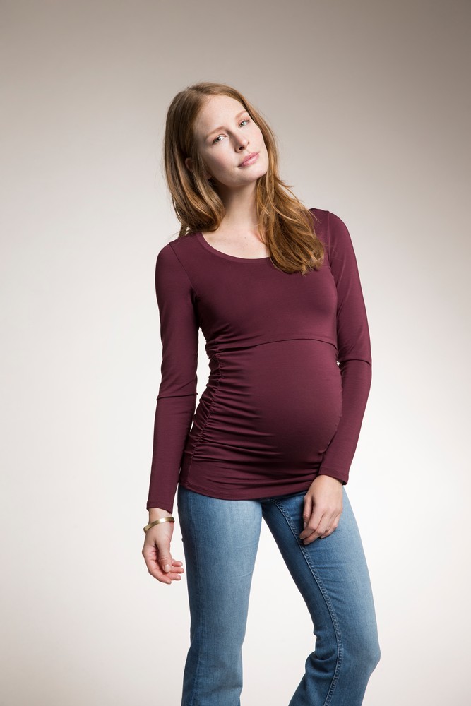 Boob Design Flatter Me Ruched Long Sleeve Maternity & Nursing Top (Burgundy Red)