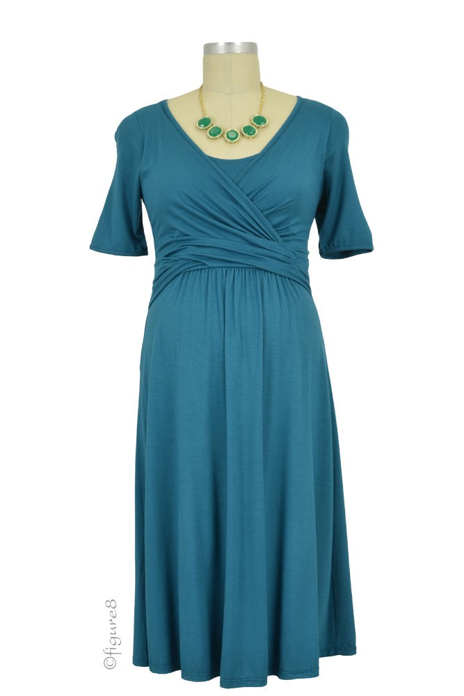 Renee Short Sleeve Wrap Nursing Dress (Dusky Tapestry Blue)