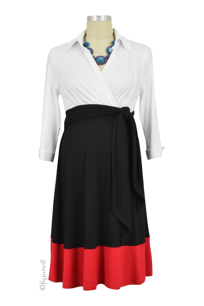 Colleen Front Tie Maternity Shirt Dress (White, Black & Red)