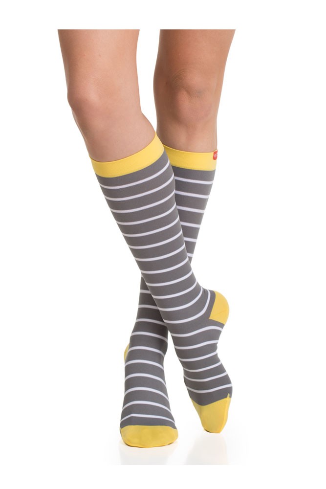 Vim & Vigr 15-20 mmHg Women's Stylish Compression Socks - Nylon (Grey, White & Yellow)