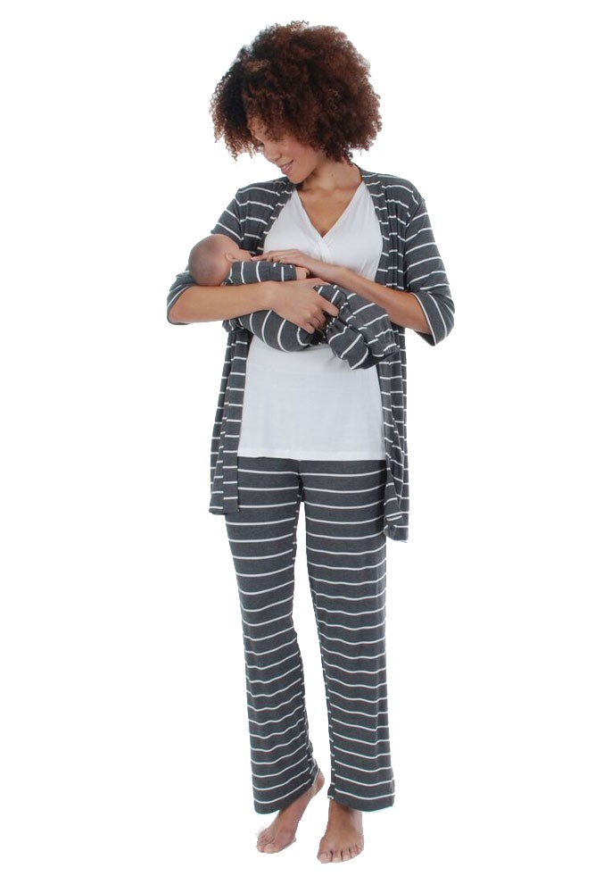 Roxanne 5 Piece Maternity and Nursing PJ Pant Set with Robe with Gown (Charcoal Stripes)