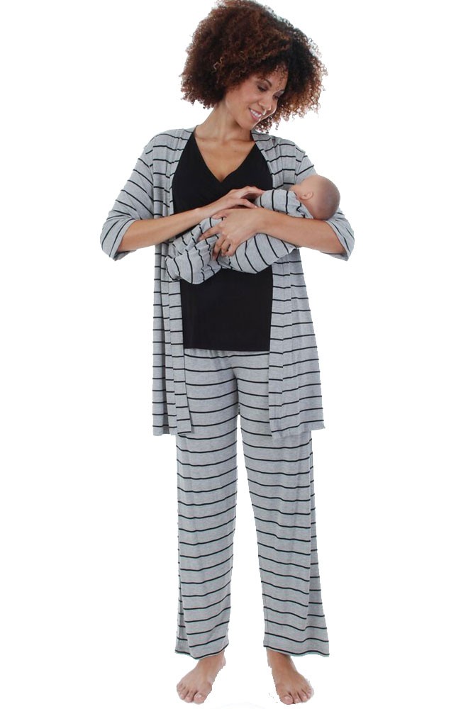 Roxanne 5 Piece Maternity and Nursing PJ Pant Set with Robe with Gown (Heather Grey Stripes)