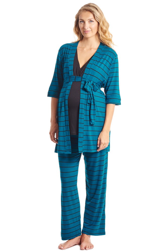 Roxanne 5 Piece Maternity and Nursing PJ Pant Set with Robe with Gown (Teal Stripe)