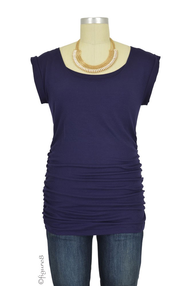Side Ruched Ribbed Nursing Top with Tie Back (Navy)