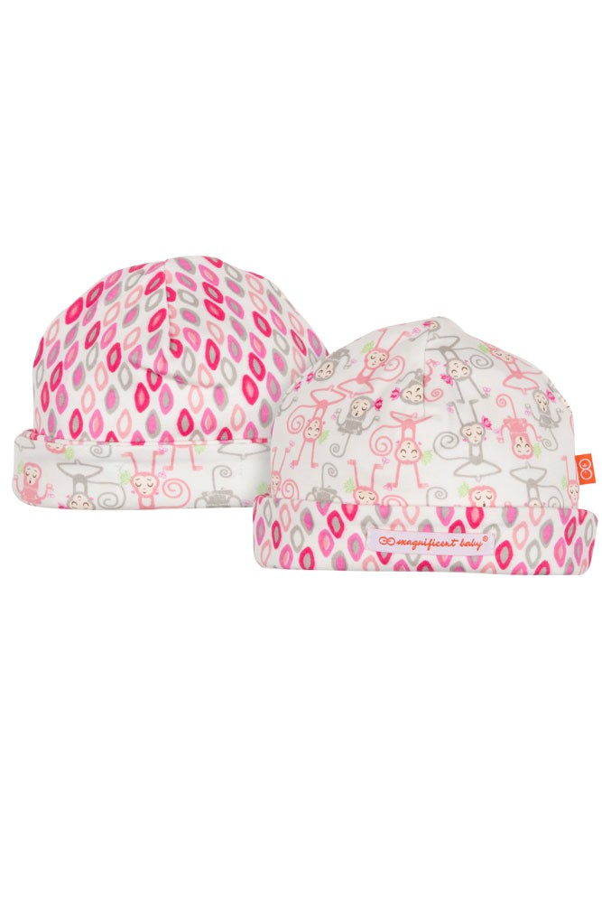 Magnificent Baby Magnetic Me™ Reversible Baby Girl Cap- Yoga Monkey (Pink)