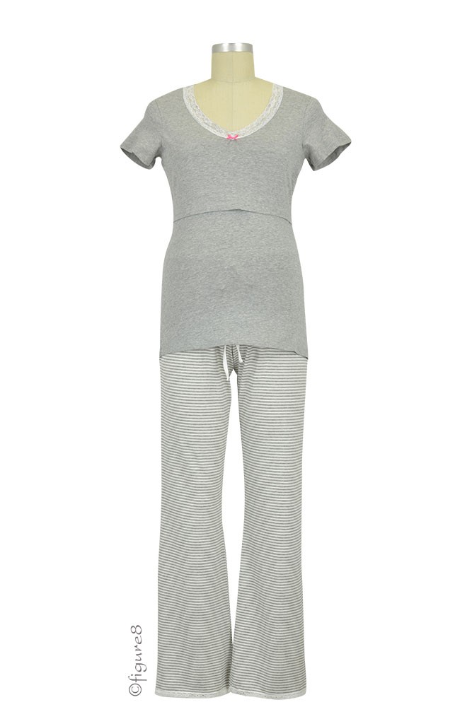 Boob Design Short Sleeve Nursing PJ Set (Grey/White Stripes)