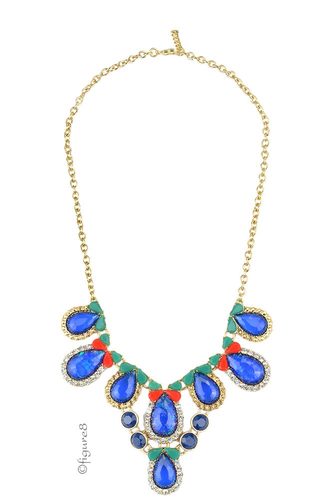 Blue Jeweled Bling Necklace (Blue w/Green & Red)
