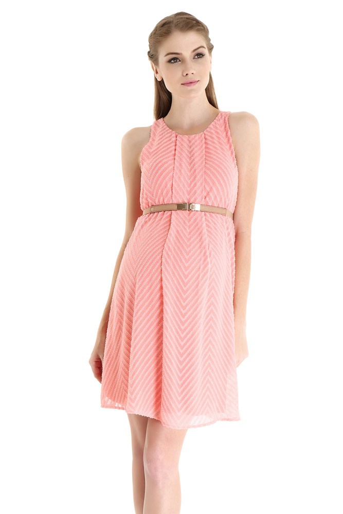 Stella Woven Maternity & Nursing Dress with Belt (Coral Pink Chevron)
