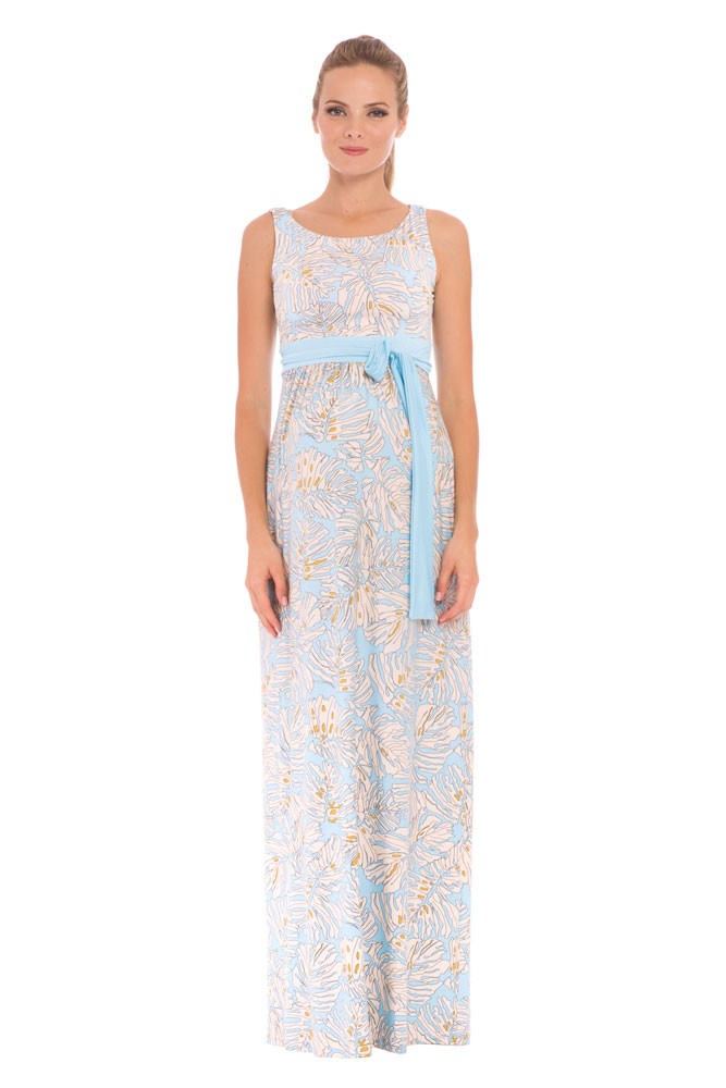 Olian Sasha Maxi Maternity Dress (Blue & Ivory Leaf Print)