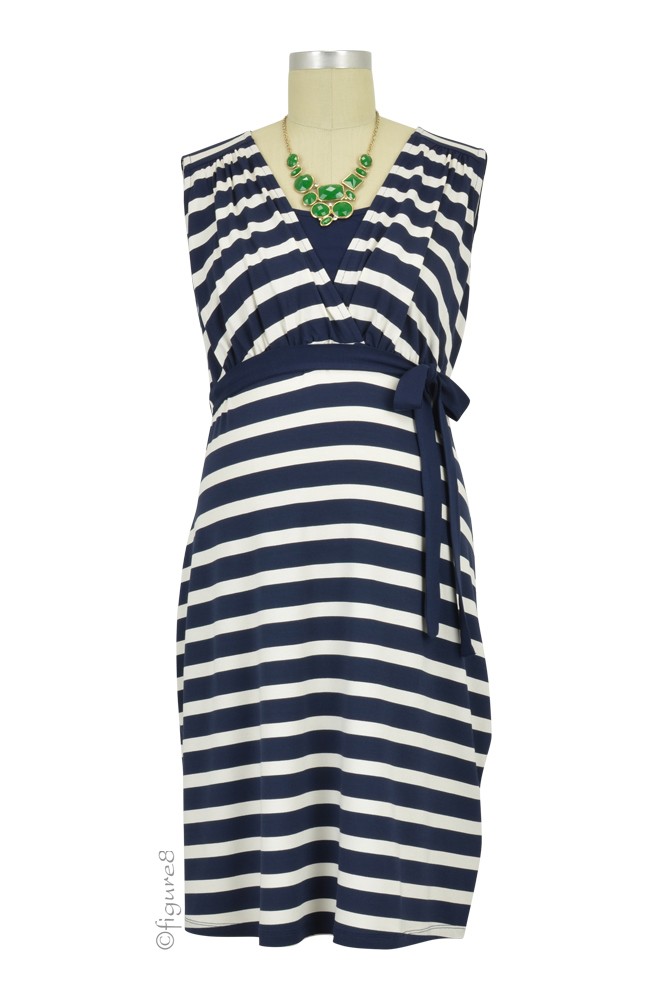 Christina Sleeveless Maternity & Nursing Dress (Navy Stripes)
