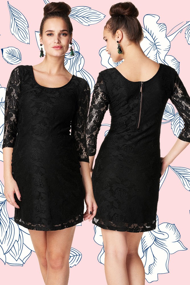 Kourtney 3/4 Sleeve Lace Maternity Dress (Black)