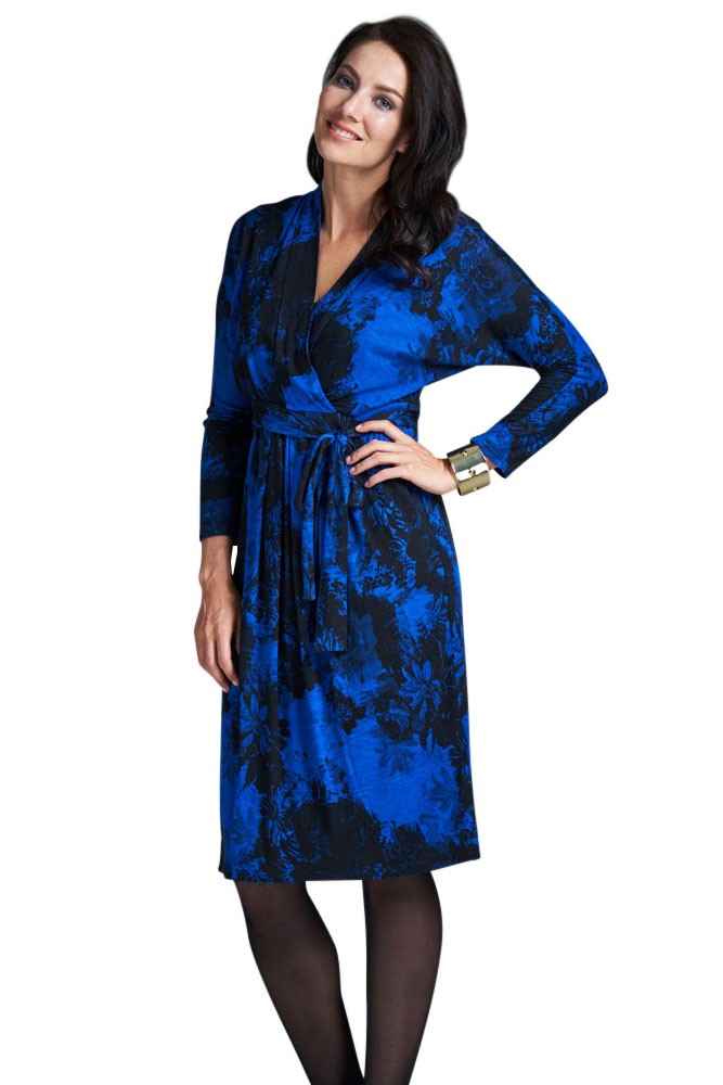 Catherine Long Sleeve Kimono Style Maternity & Nursing Dress (Royal Blue Print)