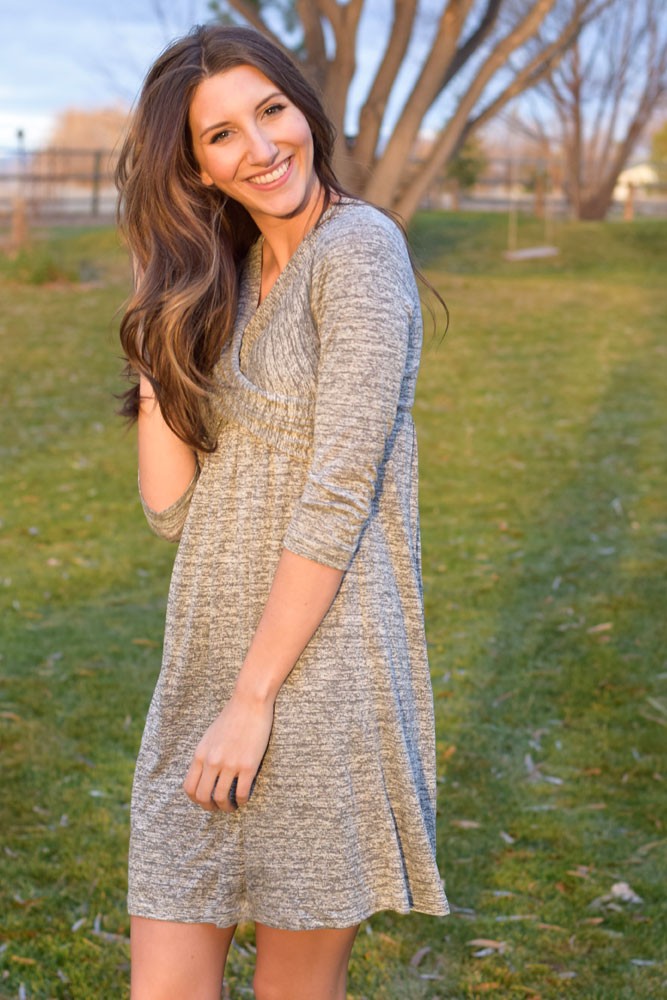 Tessa 3/4 Sleeve Knit Cross-Wrap Nursing Dress (Granite Stripe) Tessa 3/4 Sleeve Knit Cross-Wrap Nursing Dress (Granite Stripe)