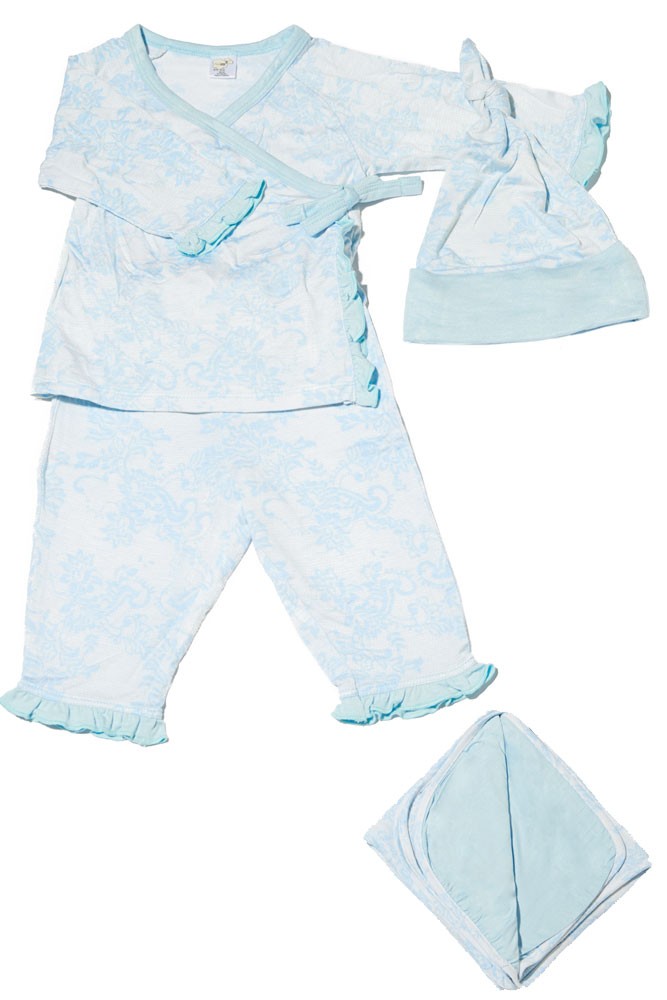 Baby Grey 4-pc. Gift Set (Ruffled Kimono top & Pant, Cap & Blanket) (Blue Chantilly)