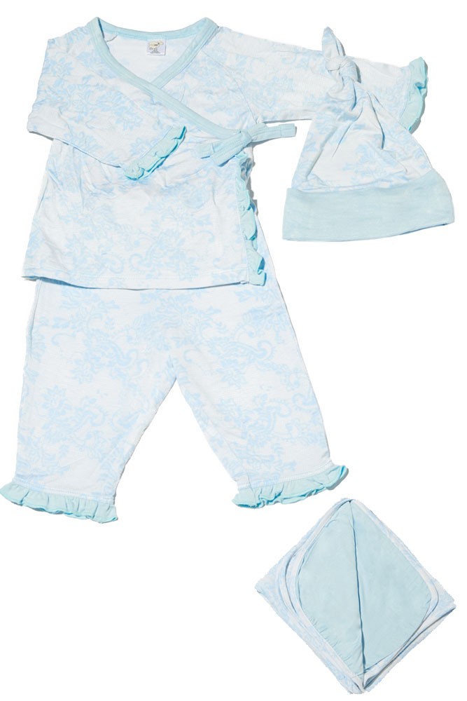 Baby Grey 4-pc. Gift Set (Ruffled Kimono top & Pant, Cap & Blanket) (Blue Chantilly) Baby Grey 4-pc. Gift Set (Ruffled Kimono top & Pant, Cap & Blanket) (Blue Chantilly)