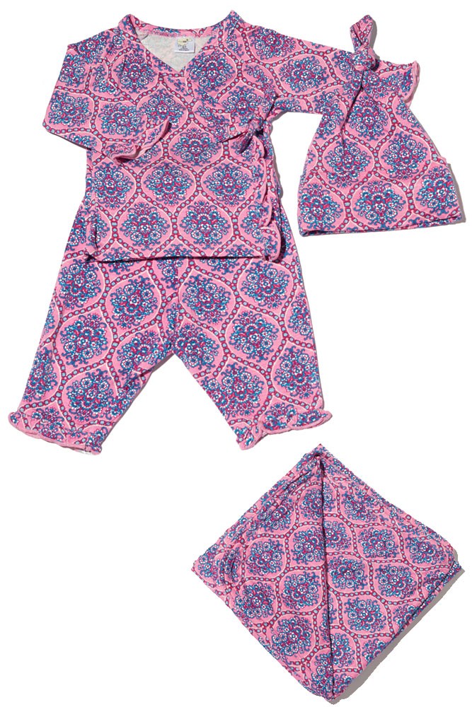 Baby Grey 4-pc. Gift Set (Ruffled Kimono top & Pant, Cap & Blanket) (India Floral) Baby Grey 4-pc. Gift Set (Ruffled Kimono top & Pant, Cap & Blanket) (India Floral)