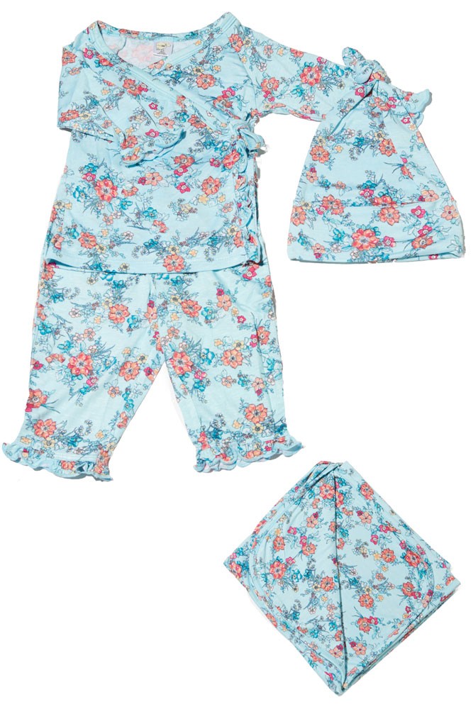 Baby Grey 4-pc. Gift Set (Ruffled Kimono top & Pant, Cap & Blanket) (Azure Mist) Baby Grey 4-pc. Gift Set (Ruffled Kimono top & Pant, Cap & Blanket) (Azure Mist)