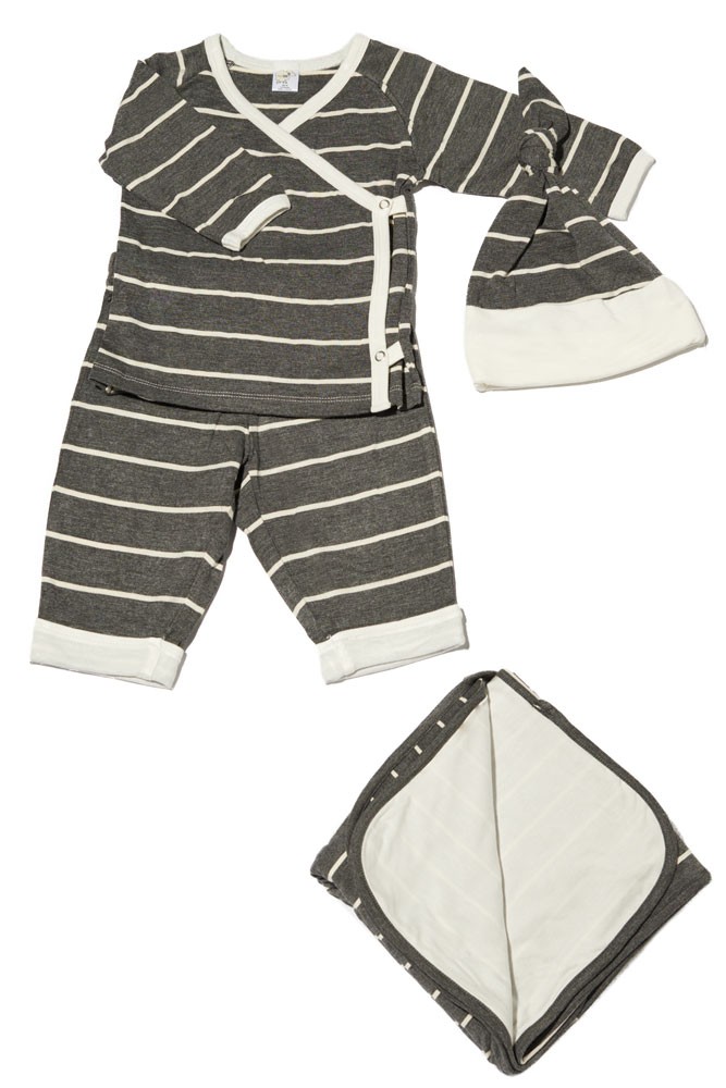 Baby Grey 4-pc. Gift Set (Kimono Top, Cuffed Pant, Cap, & Blanket) (Charcoal Stripes) Baby Grey 4-pc. Gift Set (Kimono Top, Cuffed Pant, Cap, & Blanket) (Charcoal Stripes)