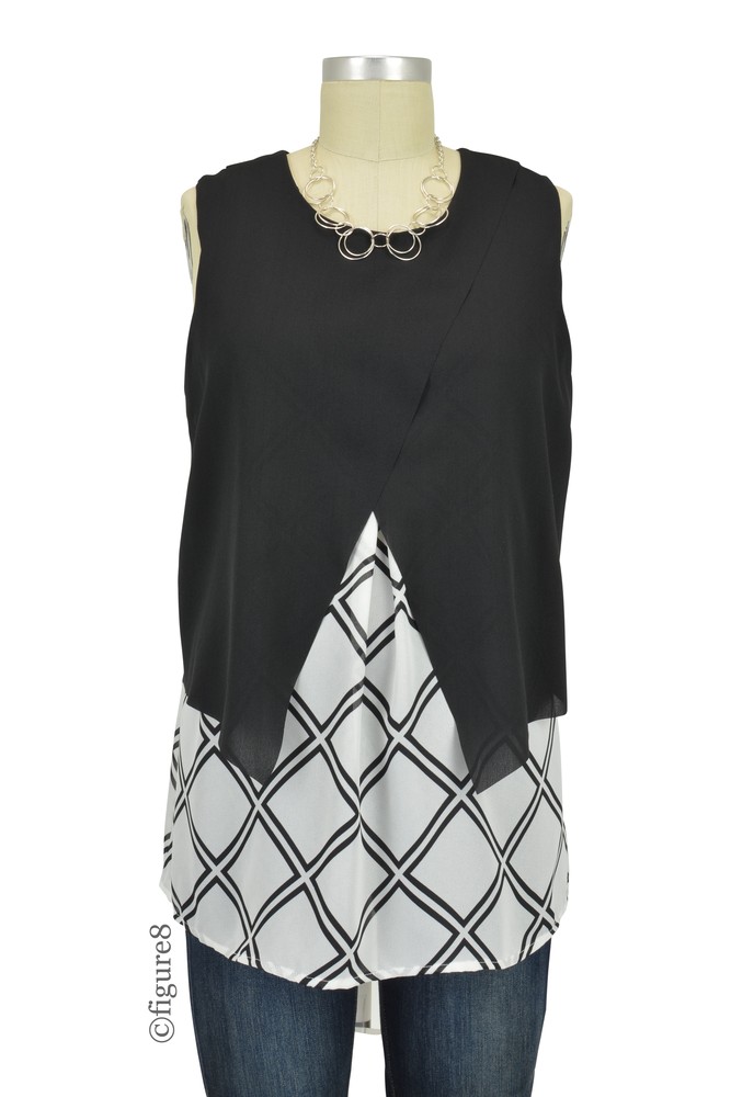 Skyler Crossover Grid Sleeveless Woven Maternity & Nursing Blouse (Black/ Vanilla Grid Print) Skyler Crossover Grid Sleeveless Woven Maternity & Nursing Blouse (Black/ Vanilla Grid Print)