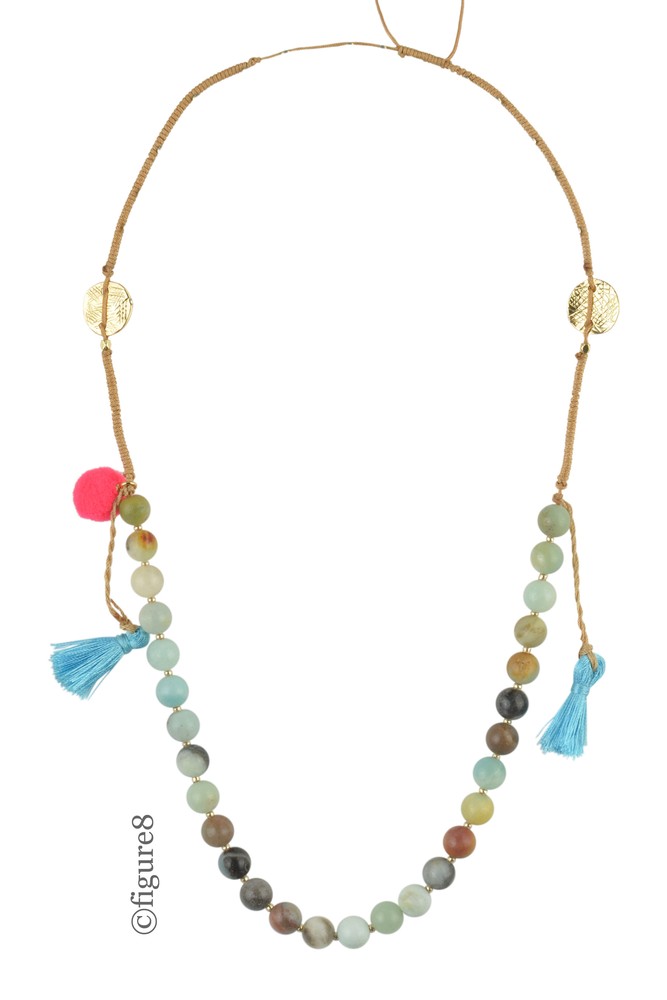 Multi-Colored Beaded Necklace with Pom-Poms & Tassels (Blue)