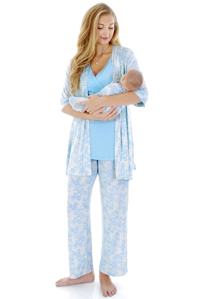 Analise 5-Piece Mom and Baby Maternity and Nursing PJ Set (Blue Chantilly)