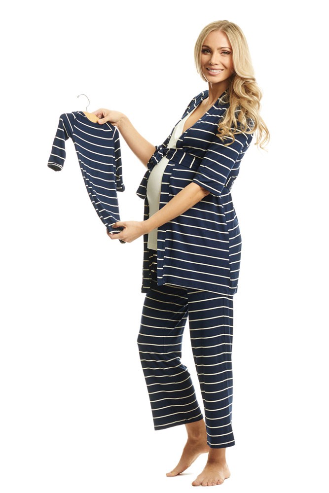 Analise 5-Piece Mom and Baby Maternity and Nursing PJ Set (Navy Stripe)