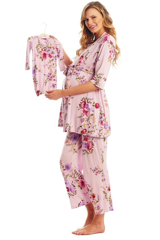 Analise 5-Piece Mom and Baby Maternity and Nursing PJ Set (Dusty Rose)
