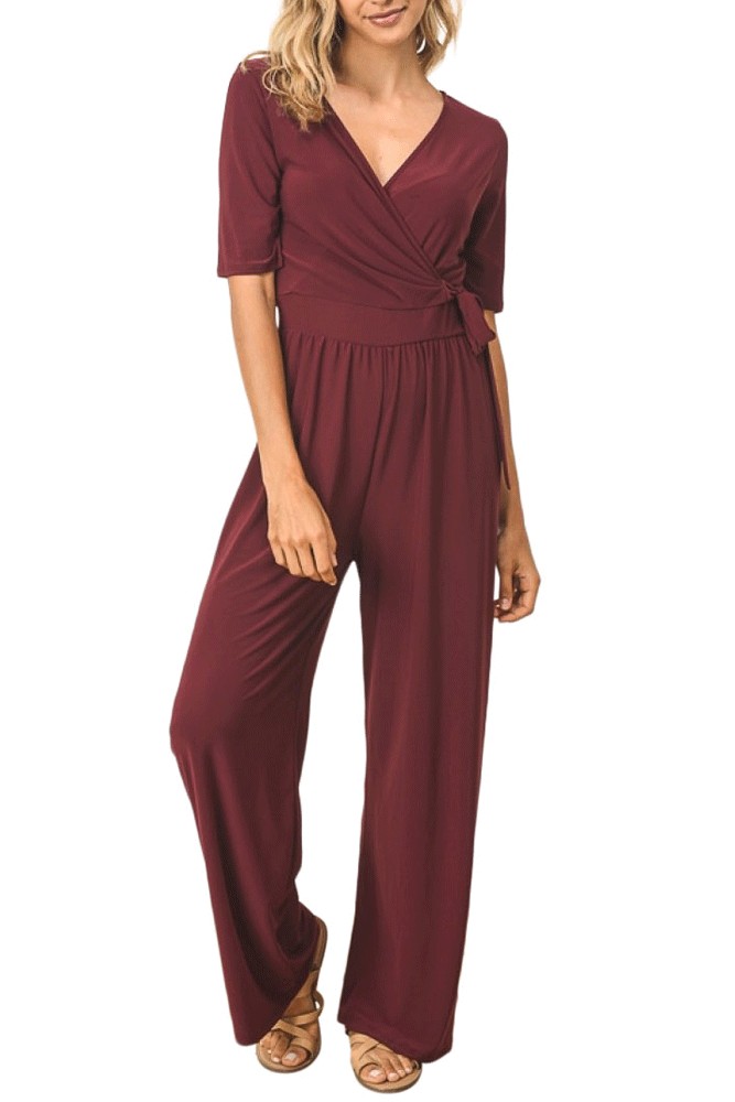 Sasha Half Sleeve Wrap Front Jumpsuit (Burgundy) Sasha Half Sleeve Wrap Front Jumpsuit (Burgundy)
